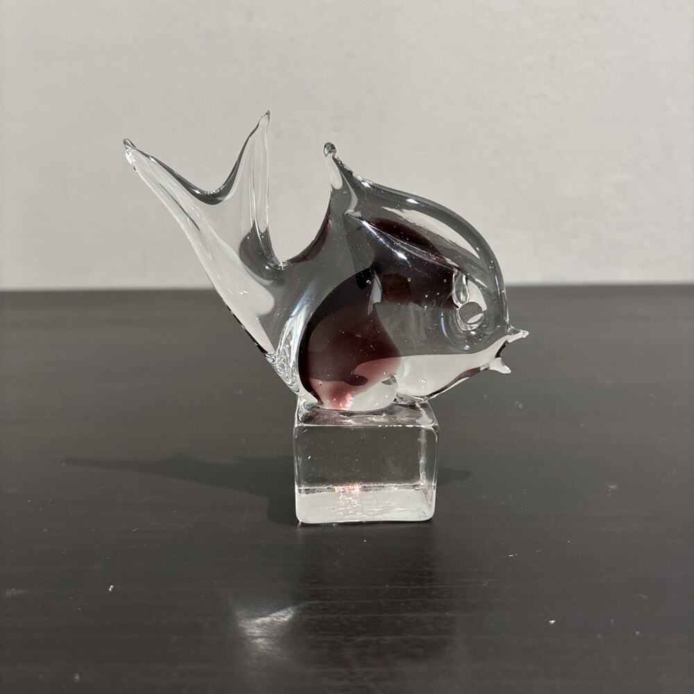 Vintage Arte Icet Murano Art Glass Fish Figurine Original Sticker Purple Clear